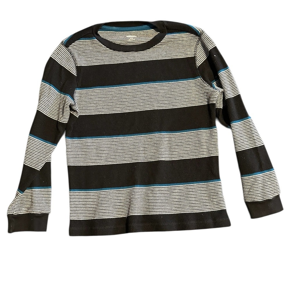 Old Navy Black & White Striped Long Sleeve Kids Top with Blue Accent